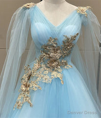 Light Blue Tulle with Gold Lace Applique Party Dress, Light Blue Prom Dress