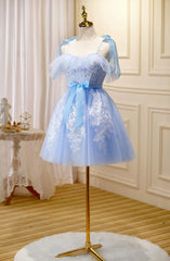 Light Blue Tulle with Lace Knee Length Party Dresses, Blue Homecoming Dresses