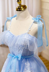 Light Blue Tulle with Lace Knee Length Party Dresses, Blue Homecoming Dresses