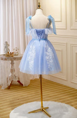 Light Blue Tulle with Lace Knee Length Party Dresses, Blue Homecoming Dresses