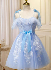 Light Blue Tulle with Lace Knee Length Party Dresses, Blue Homecoming Dresses