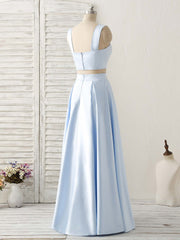 Light Blue Two Pieces Satin Long Prom Dresses Simple Evening Dresses