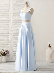 Light Blue Two Pieces Satin Long Prom Dresses Simple Evening Dresses