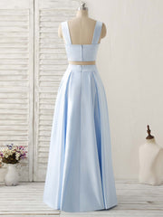 Light Blue Two Pieces Satin Long Prom Dresses Simple Evening Dresses