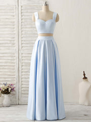 Light Blue Two Pieces Satin Long Prom Dresses Simple Evening Dresses