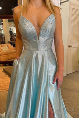 Light Blue V-Neck Long Prom Dress with Criss Cross Back