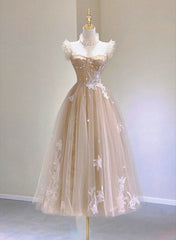 Light Champagne Tea Length Tulle Party Dresses, Champagne Lace Homecoming Dresses