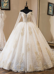 Light Champagne Tulle Off The Shoulder Long Sleeve Wedding Dress With Train