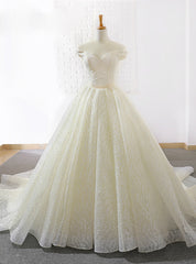 Light Champagne Tulle Off The Shoulder Train Wedding Dress