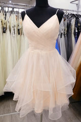 Light Champagne V-neckline Straps Homecoming Dresses, Tulle Short prom Dresses Graduation Dresses