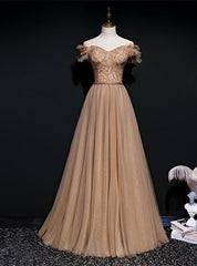 Light Coffee Tulle Sequins Off the Shoulder Beading Prom Dresses