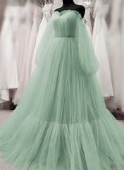 Light Green Puffy Sleeves Tulle Long Party Dresses Green Evening Dresses prom Dresses shops