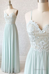 Light green tulle lace long prom dress, green evening dress