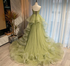 Light Green Tulle Layers Ball Gown Wedding Party Dresses, Long Evening Dresses Prom Dresses