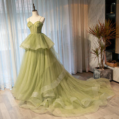 Light Green Tulle Layers Ball Gown Wedding Party Dresses, Long Evening Dresses Prom Dresses