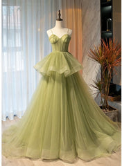 Light Green Tulle Layers Ball Gown Wedding Party Dresses, Long Evening Dresses Prom Dresses