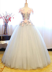 Light Grey Tulle Party Dresses, Grey Sweet 16 Flowers Gown