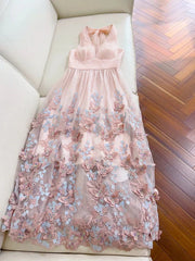 Light Pink A Line Halter Butterfly Appliques Tulle Prom Dresses Evening Dresses