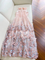 Light Pink A Line Halter Butterfly Appliques Tulle Prom Dresses Evening Dresses