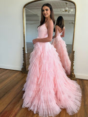 Light Pink A-Line Tiered Spaghetti Straps Tulle Prom Dresses