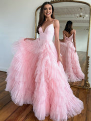 Light Pink A-Line Tiered Spaghetti Straps Tulle Prom Dresses