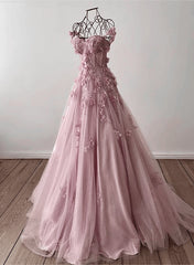 Light Pink Off Shoulder Tulle Floral Party Dresses, A-line Pink Tulle Prom Dresses Evening Dresses