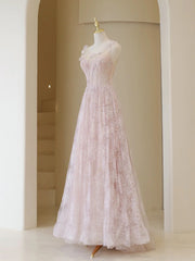 Light Pink Round Neckline Lace Long Prom Dresses, A-line Pink Floor Length Party Dresses