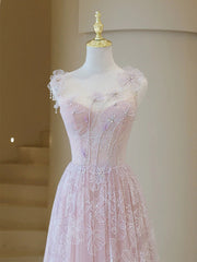 Light Pink Round Neckline Lace Long Prom Dresses, A-line Pink Floor Length Party Dresses