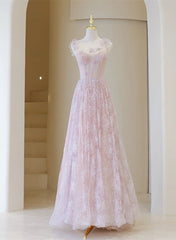 Light Pink Round Neckline Lace Long Prom Dresses, A-line Pink Floor Length Party Dresses