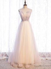 Light Pink Tulle Sequins V-neck Pleats Beading Prom Dress