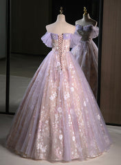 Light Purple A-line Tulle with Floral Long Prom Dresses, Light Purple Evening Dresses Party Dresses