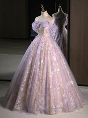 Light Purple A-line Tulle with Floral Long Prom Dresses, Light Purple Evening Dresses Party Dresses