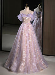 Light Purple A-line Tulle with Floral Long Prom Dresses, Light Purple Evening Dresses Party Dresses