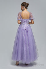 Light Purple Lace And Sequins Tulle Off The Shoulder Floor Length Dresses