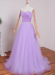 Light Purple Sweetheart Simple Beaded Waist Long Party Dresses, Tulle Evening Gown Prom Dresses