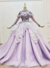 Light Purple Tulle Long Sleeve Appliques Beading Wedding Dress