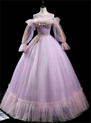 Light Purple Tulle Long Sleeve Appliques Pleats Feather Quinceanera Dresses