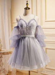 Light Purple Tulle Long Sleeve Homecoming Dress