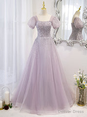 Light Purple Tulle Puff Sleeve Beading Prom Dress