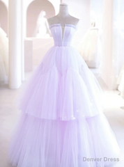 Light Purple Tulle Strapless Pleats Beading Prom Dress