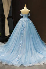 Light Sky Blue Off the Shoulder Ball Gown Tulle Prom Dresses with Applique