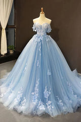 Light Sky Blue Off the Shoulder Ball Gown Tulle Prom Dresses with Applique