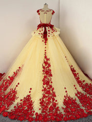 Light Yellow Tulle Ball Gown Beaded and Flowers Sweet 16 Gown, Light Yellow Quinceanera Dresses