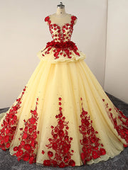 Light Yellow Tulle Ball Gown Beaded and Flowers Sweet 16 Gown, Light Yellow Quinceanera Dresses