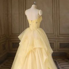 Light Yellow Tulle Long Party Dresses Yellow Tulle Prom Dresses prom Dresses shops