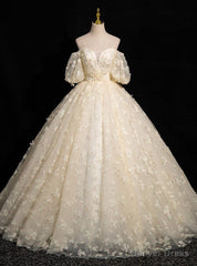 Light Yellow Tulle Puff Sleeve 3D Flower Quinceanera Dress