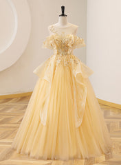 Light Yellow Tulle with Beadings and Lace Party Dresses, Yellow Tulle Prom Dresses