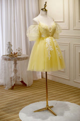 Light Yellow Tulle with Lace Puffy Sleeves Party Dresses, Yellow Homecoming Dresses