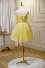 Light Yellow Tulle with Lace Puffy Sleeves Party Dresses, Yellow Homecoming Dresses