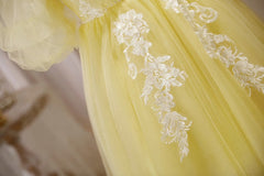 Light Yellow Tulle with Lace Puffy Sleeves Party Dresses, Yellow Homecoming Dresses